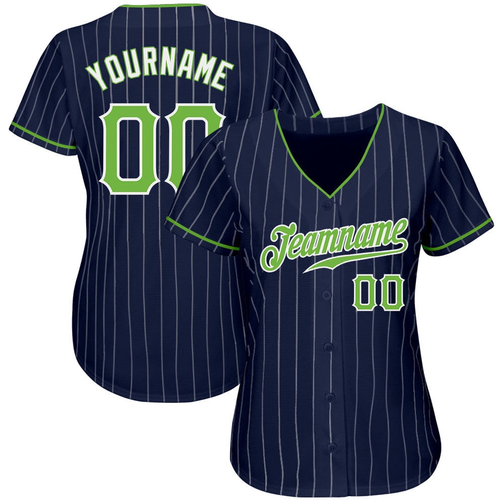 American Baseball Jersey, Custom Navy White Pinstripe Neon Green White Authentic Baseball Jersey, Baseball Jersey Name