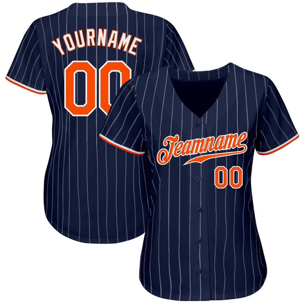American Baseball Jersey, Custom Navy White Pinstripe Orange White Authentic Baseball Jersey, Baseball Jersey Name