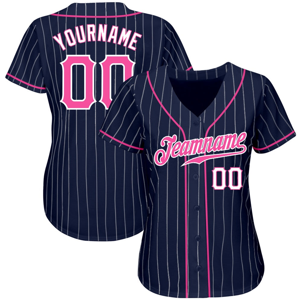 American Baseball Jersey, Custom Navy White Pinstripe Pink White Authentic Baseball Jersey, Baseball Jersey Name