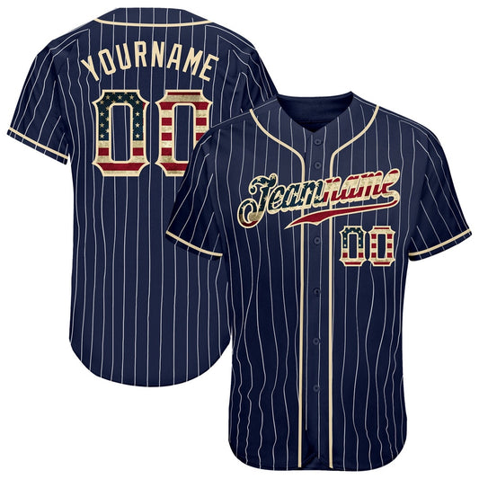 American Baseball Jersey, Custom Navy White Pinstripe Vintage USA Flag Cream Authentic Baseball Jersey, Baseball Jersey Name
