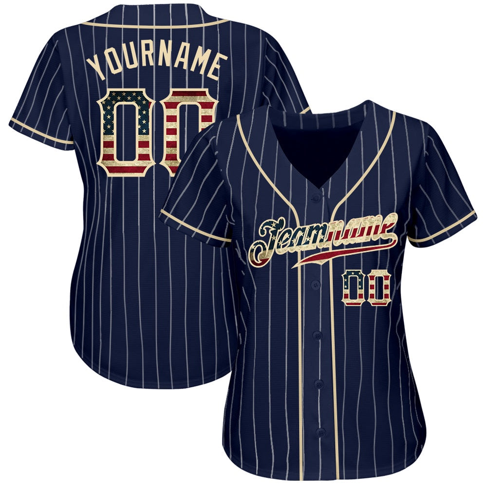 American Baseball Jersey, Custom Navy White Pinstripe Vintage USA Flag Cream Authentic Baseball Jersey, Baseball Jersey Name