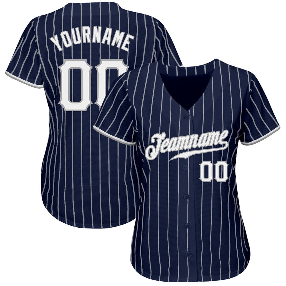 American Baseball Jersey, Custom Navy White Pinstripe White Gray Authentic Baseball Jersey, Baseball Jersey Name