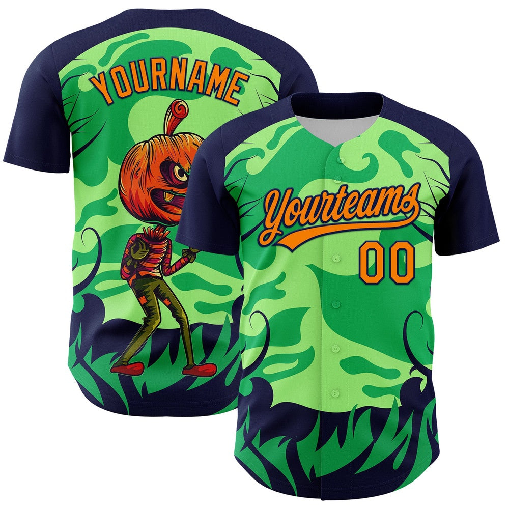 American Baseball Jersey, Custom Neon Green Bay Orange Navy 3D Halloween Authentic Baseball Jersey, Baseball Jersey Name