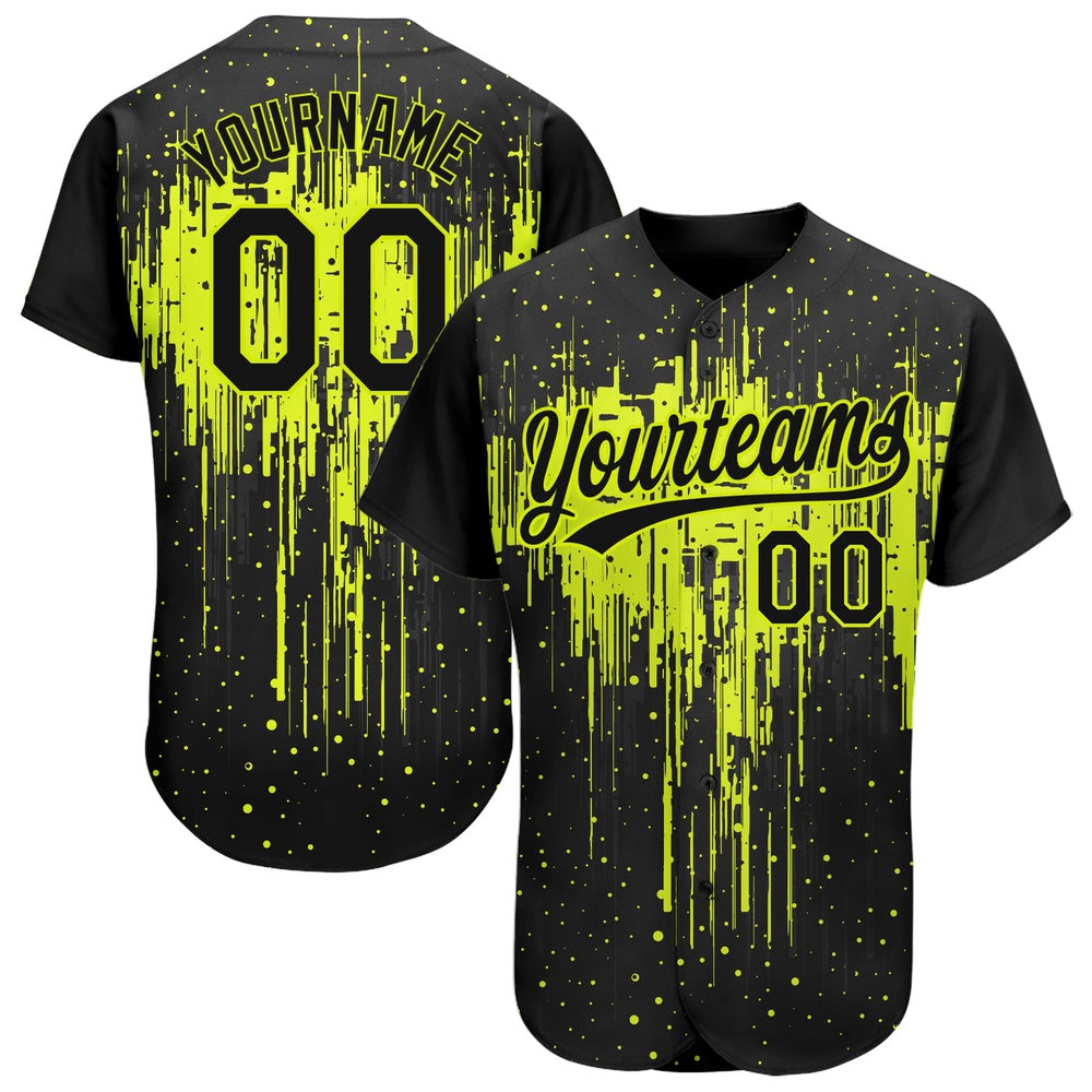 American Baseball Jersey, Custom Neon Green Black 3D Pattern Design Dripping Splatter Art Authentic Baseball Jersey, Baseball Jersey Name
