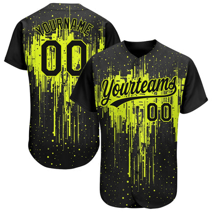 American Baseball Jersey, Custom Neon Green Black 3D Pattern Design Dripping Splatter Art Authentic Baseball Jersey, Baseball Jersey Name