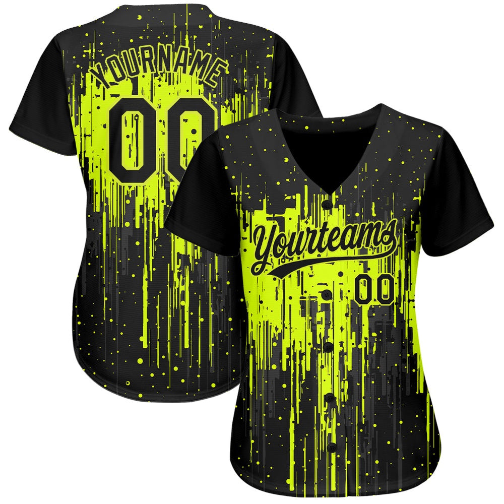 American Baseball Jersey, Custom Neon Green Black 3D Pattern Design Dripping Splatter Art Authentic Baseball Jersey, Baseball Jersey Name
