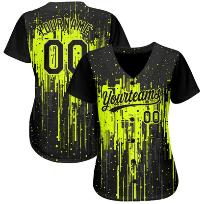 American Baseball Jersey, Custom Neon Green Black 3D Pattern Design Dripping Splatter Art Authentic Baseball Jersey, Baseball Jersey Name