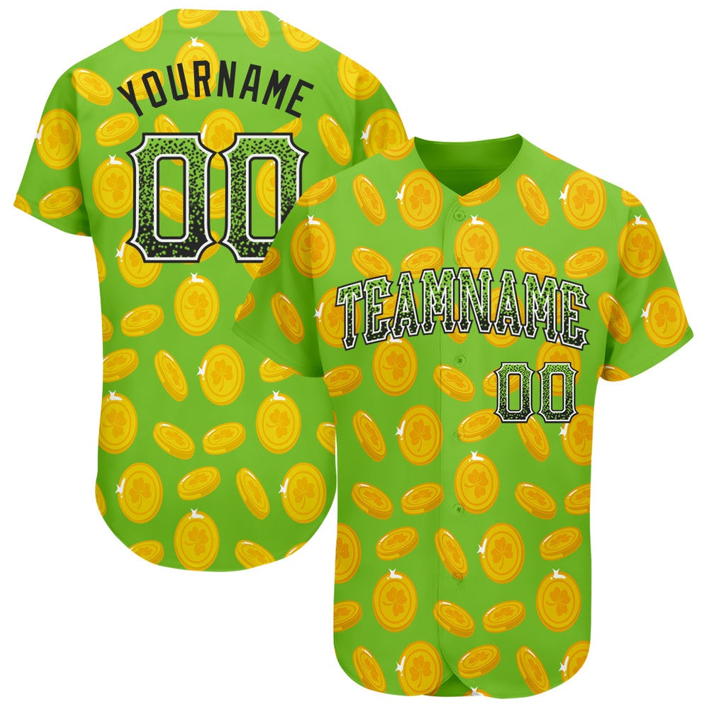 American Baseball Jersey, Custom Neon Green Black White 3D Pattern Design Authentic St Patrick's Day Drift Fashion Baseball Jersey