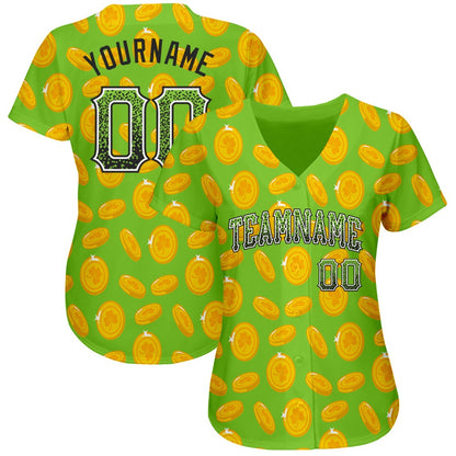American Baseball Jersey, Custom Neon Green Black White 3D Pattern Design Authentic St Patrick's Day Drift Fashion Baseball Jersey