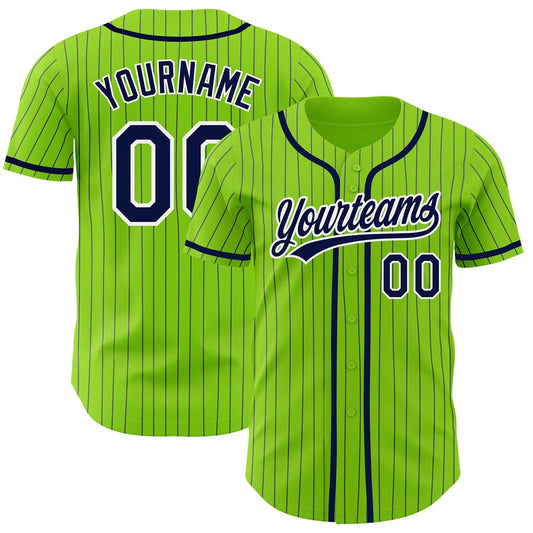 American Baseball Jersey, Custom Neon Green Navy Pinstripe White Authentic Baseball Jersey, Baseball Jersey Name