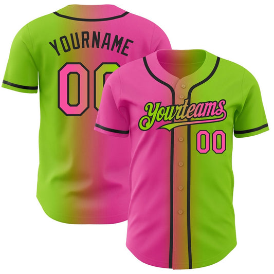 American Baseball Jersey, Custom Neon Green Pink Black Authentic Gradient Fashion Baseball Jersey, Baseball Jersey Name