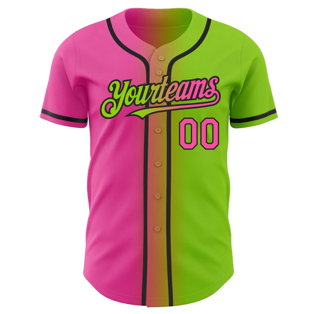 American Baseball Jersey, Custom Neon Green Pink Black Authentic Gradient Fashion Baseball Jersey, Baseball Jersey Name