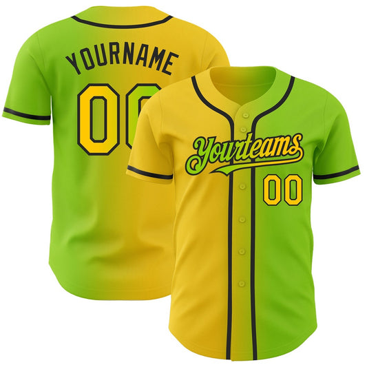 American Baseball Jersey, Custom Neon Green Yellow Black Authentic Gradient Fashion Baseball Jersey, Baseball Jersey Name