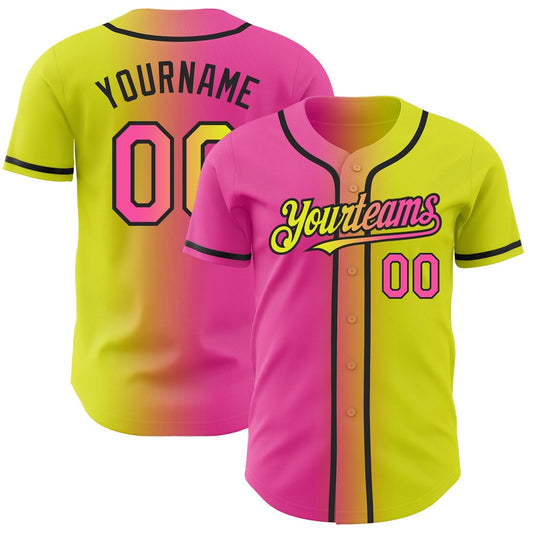 American Baseball Jersey, Custom Neon Yellow Pink Black Authentic Gradient Fashion Baseball Jersey, Baseball Jersey Name