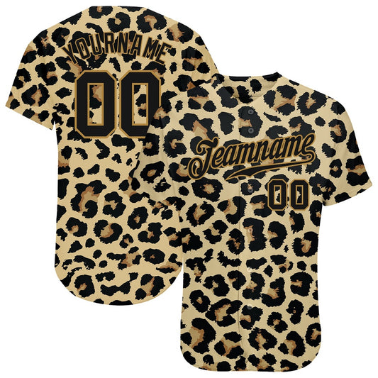 American Baseball Jersey, Custom Old Gold Black Old Gold 3D Pattern Design Leopard Authentic Baseball Jersey, Baseball Jersey Name