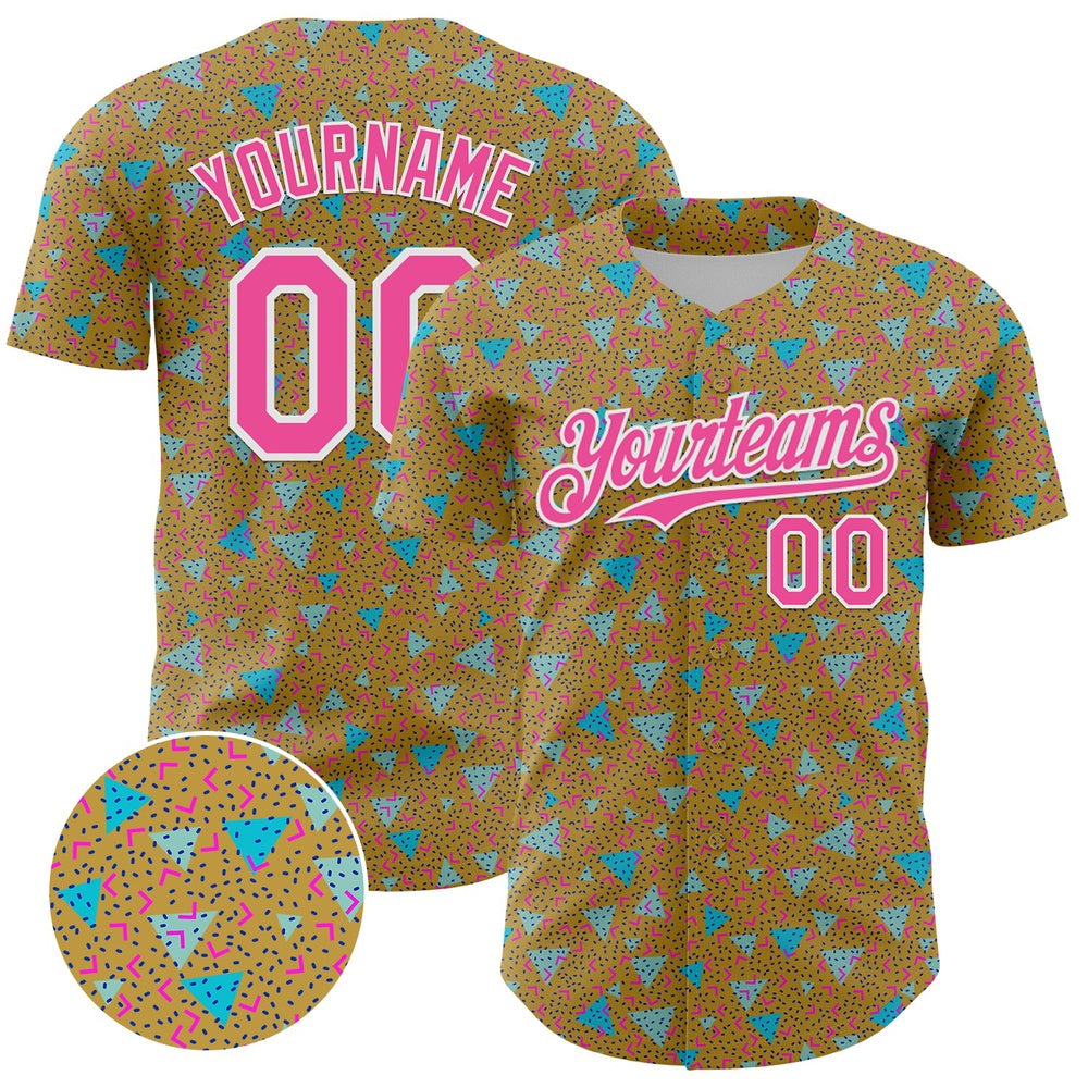 American Baseball Jersey, Custom Old Gold Pink White 3D Pattern Design Geometric Shape Authentic Baseball Jersey, Baseball Jersey Name