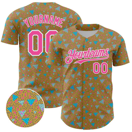 American Baseball Jersey, Custom Old Gold Pink White 3D Pattern Design Geometric Shape Authentic Baseball Jersey, Baseball Jersey Name