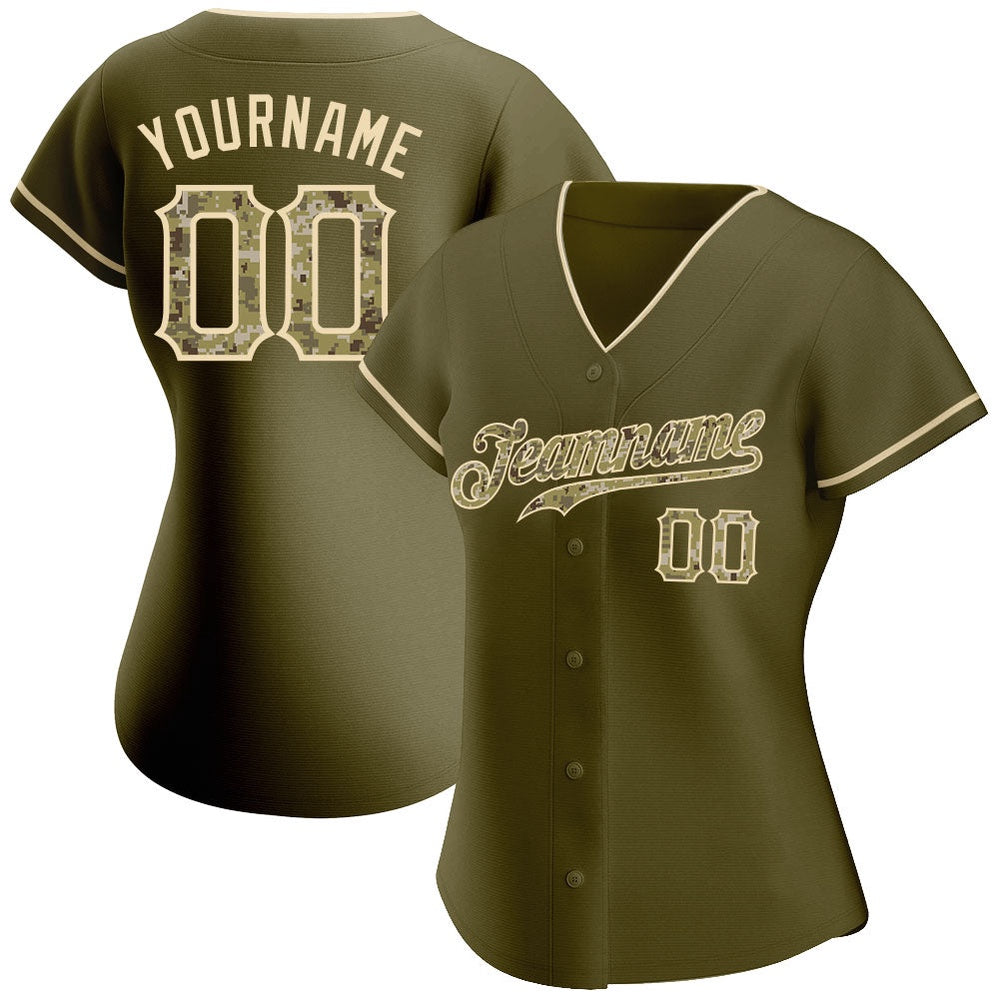 American Baseball Jersey, Custom Olive Camo City Cream Authentic Salute To Service Baseball Jersey, Baseball Jersey Name