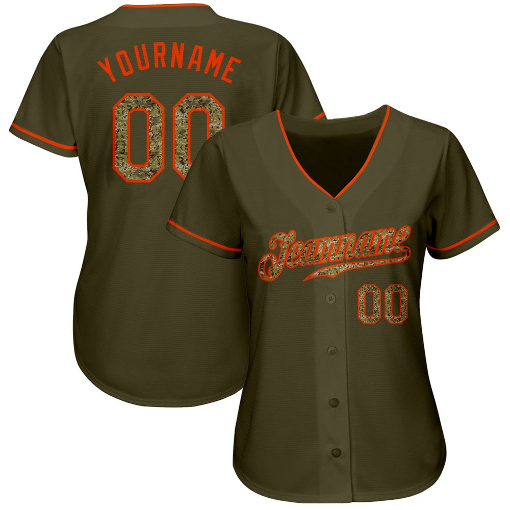 American Baseball Jersey, Custom Olive Camo Orange Authentic Salute To Service Baseball Jersey, Baseball Jersey Name