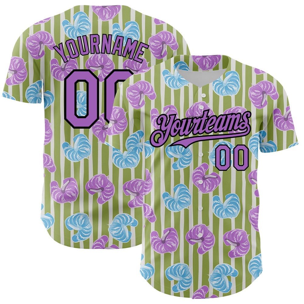 American Baseball Jersey, Custom Olive Medium Purple Black 3D Pattern Design Tropical Anthurium Flower Authentic Baseball Jersey