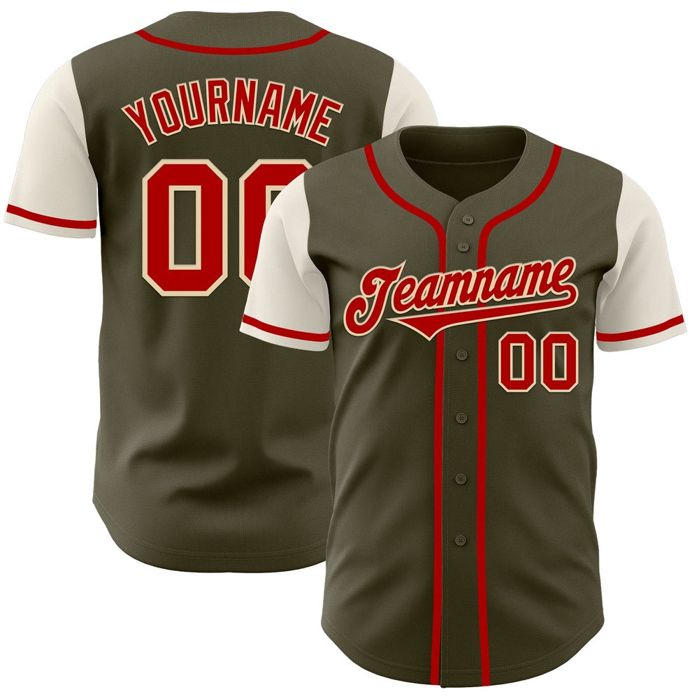 American Baseball Jersey, Custom Olive Red Cream Authentic Two Tone Salute To Service Baseball Jersey, Baseball Jersey Name