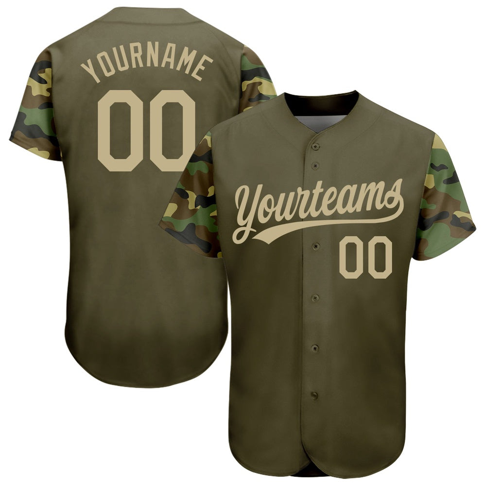 American Baseball Jersey, Custom Olive Vegas Gold Camo 3D Pattern Design Authentic Salute To Service Baseball Jersey, Baseball Jersey Name