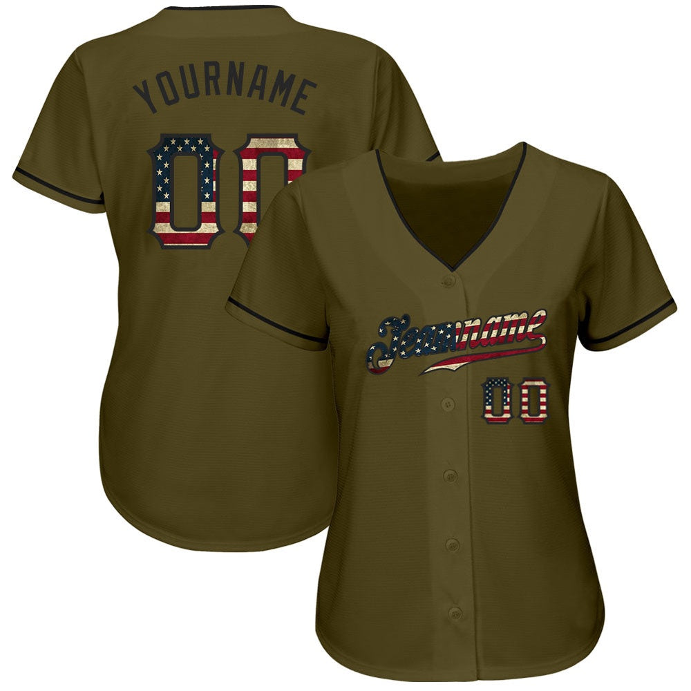 American Baseball Jersey, Custom Olive Vintage USA Flag Black Authentic Salute To Service Baseball Jersey, Baseball Jersey Name