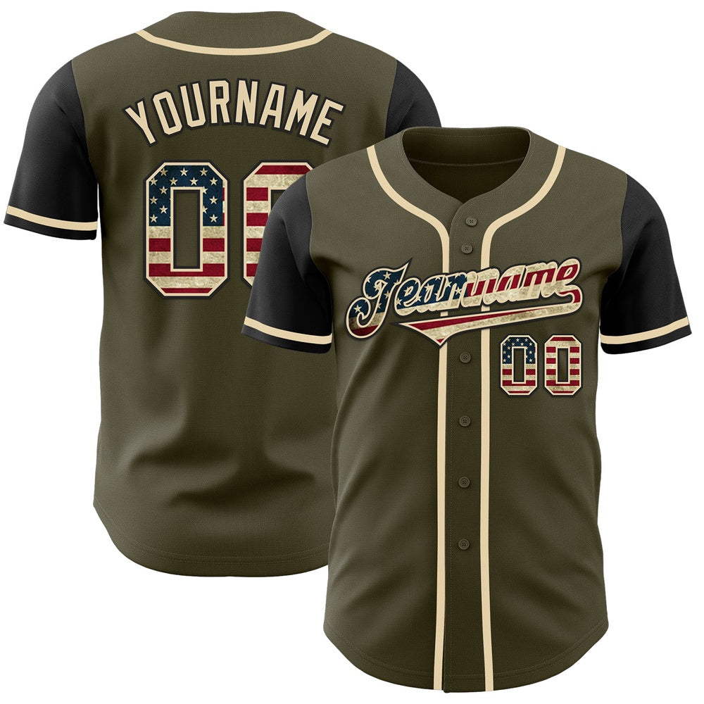 American Baseball Jersey, Custom Olive Vintage USA Flag Black Authentic Two Tone Salute To Service Baseball Jersey, Baseball Jersey Name