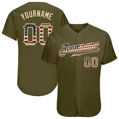 American Baseball Jersey, Custom Olive Vintage USA Flag Cream Authentic Salute To Service Baseball Jersey, Baseball Jersey Name