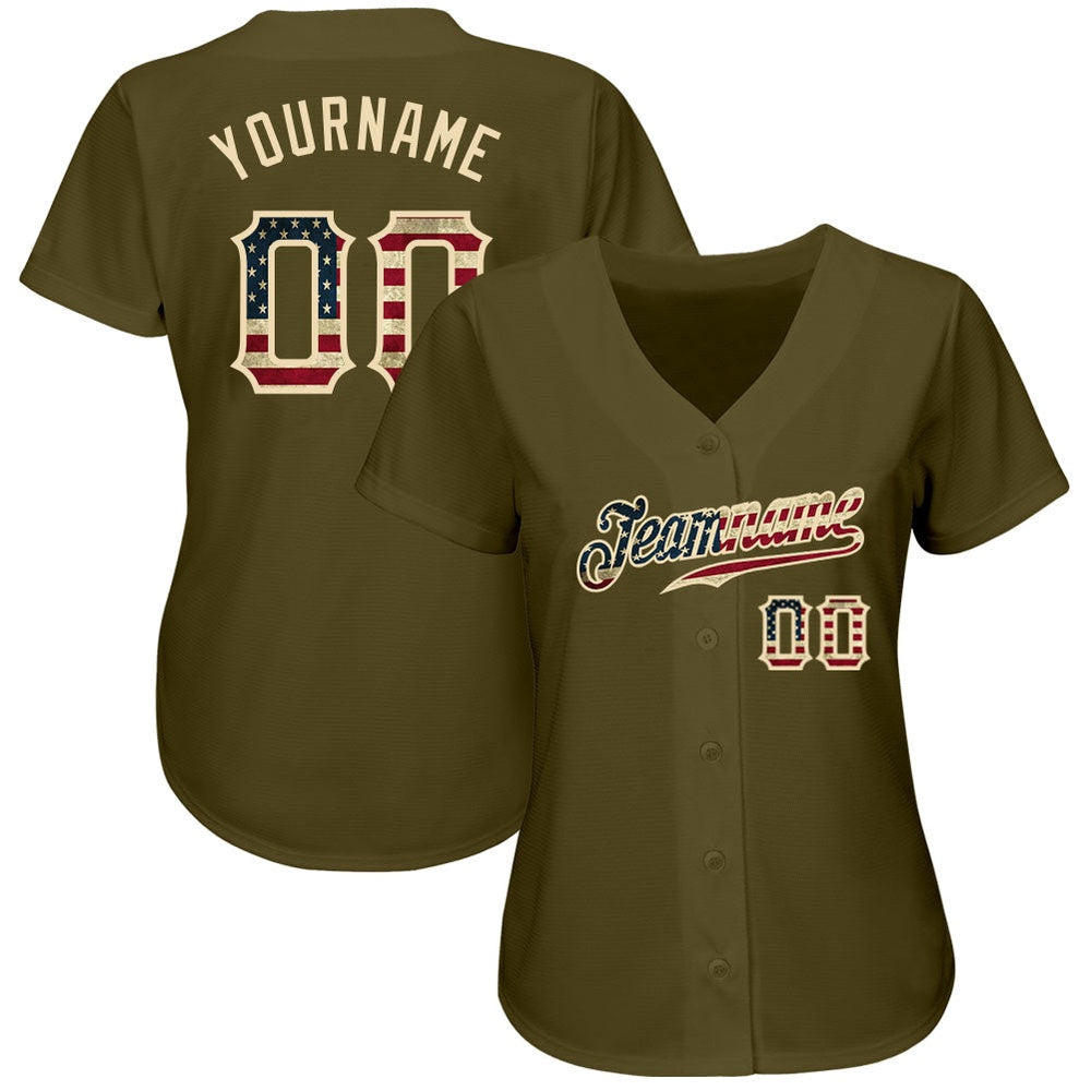 American Baseball Jersey, Custom Olive Vintage USA Flag Cream Authentic Salute To Service Baseball Jersey, Baseball Jersey Name