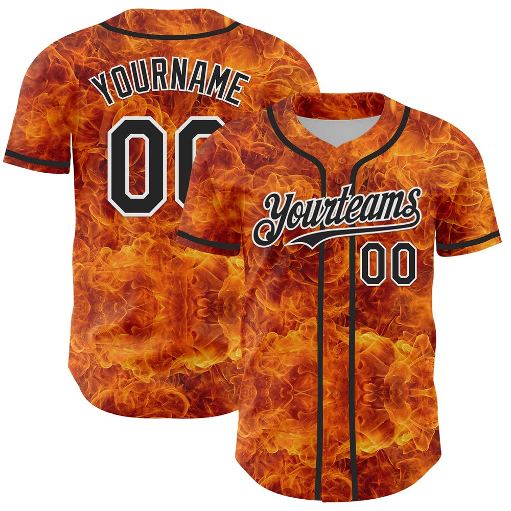 American Baseball Jersey, Custom Orange Black White 3D Pattern Design Rave Flame Authentic Baseball Jersey, Baseball Jersey Name
