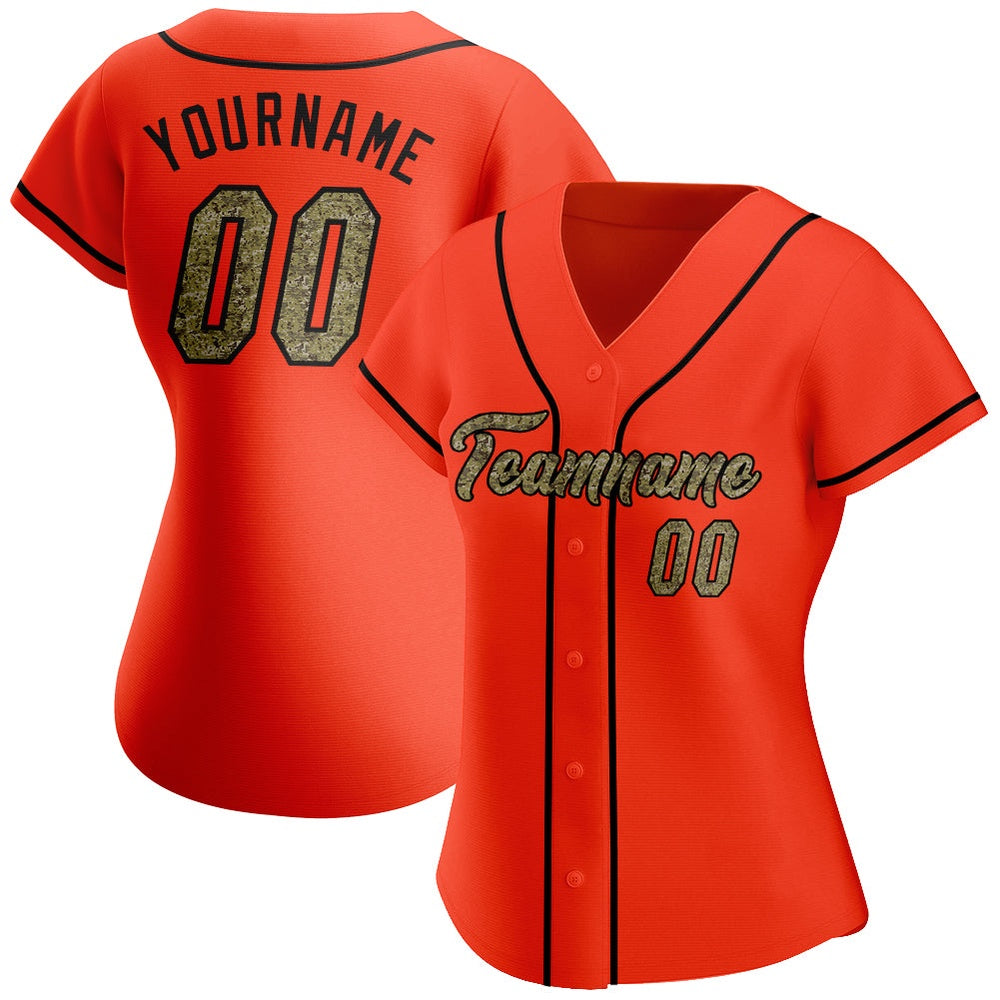 American Baseball Jersey, Custom Orange Camo Black Authentic Baseball Jersey, Baseball Jersey Name
