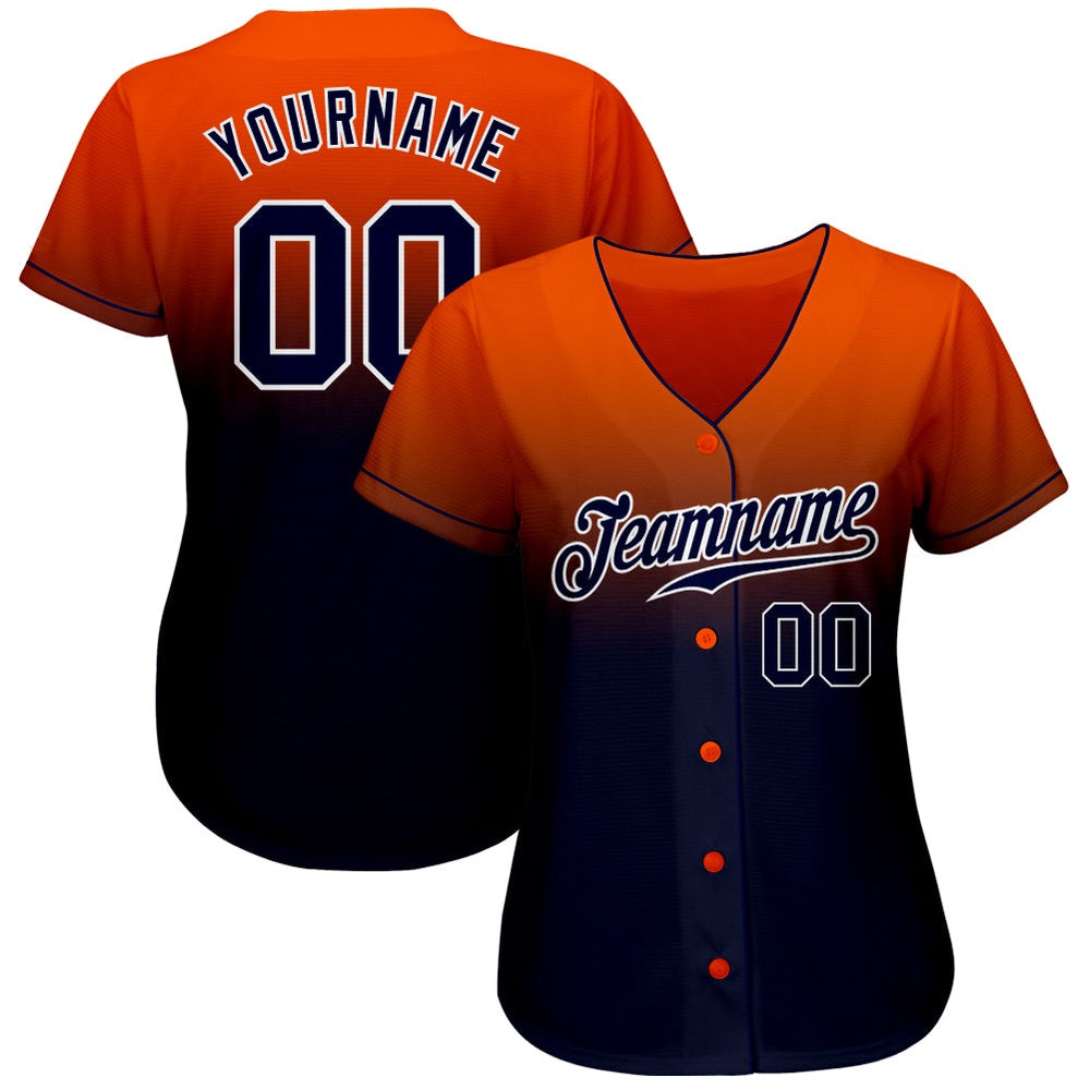American Baseball Jersey, Custom Orange Navy White Authentic Fade Fashion Baseball Jersey, Baseball Jersey Name