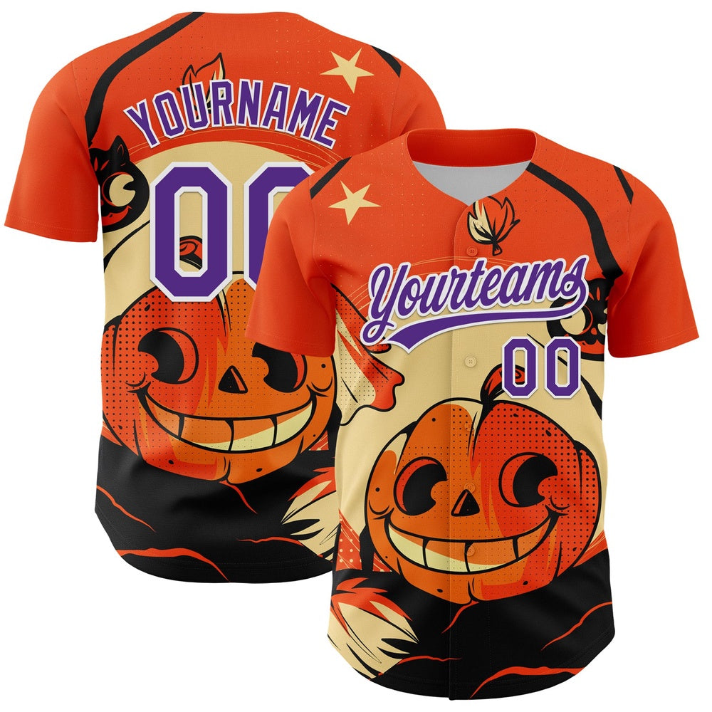 American Baseball Jersey, Custom Orange Purple White 3D Halloween Authentic Baseball Jersey, Baseball Jersey Name