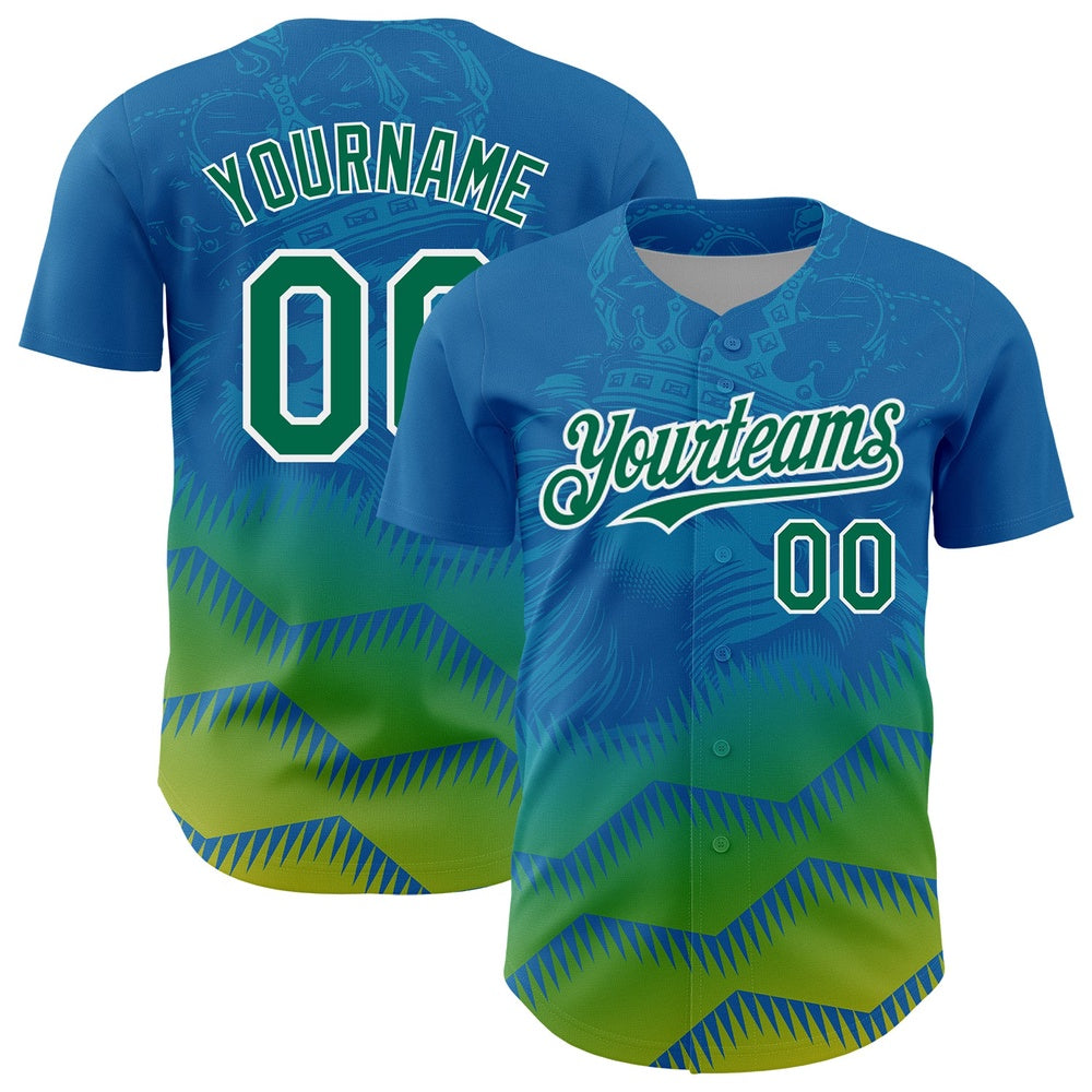 American Baseball Jersey, Custom Panther Blue Kelly Green White 3D Pattern Design Animal Lion Authentic Baseball Jersey