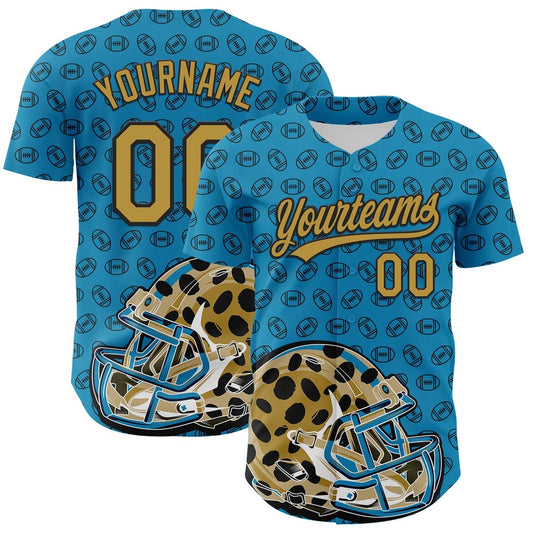American Baseball Jersey, Custom Panther Blue Old Gold Black 3D Pattern Design Football Jaguar Helmet And Ball Authentic Baseball Jersey