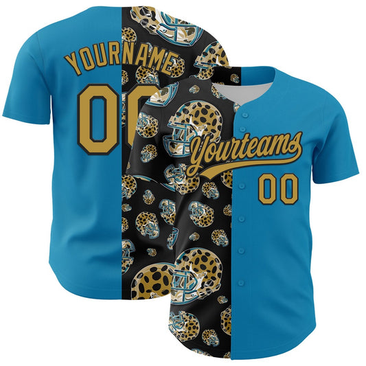 American Baseball Jersey, Custom Panther Blue Old Gold Black 3D Pattern Design Football Jaguar Helmet Authentic Baseball Jersey
