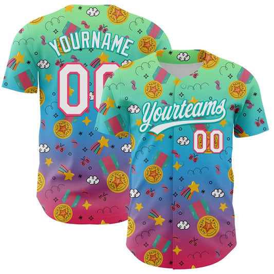 American Baseball Jersey, Custom Pea Green Neon Pink Aqua Sky Blue 3D Pattern Design Champion Medal Authentic Baseball Jersey