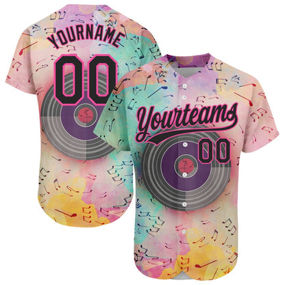 American Baseball Jersey, Custom Pink Black 3D Pattern Design Music Festival Watercolor Colored Musical Notes Authentic Baseball Jersey