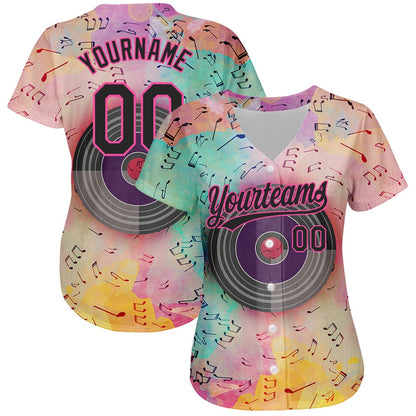 American Baseball Jersey, Custom Pink Black 3D Pattern Design Music Festival Watercolor Colored Musical Notes Authentic Baseball Jersey