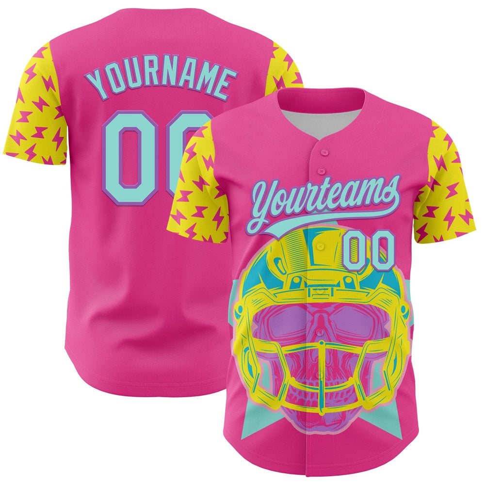 American Baseball Jersey, Custom Pink Ice Blue Medium Purple Light Yellow 3D Pattern Design Football Skull Helmet Authentic Baseball Jersey