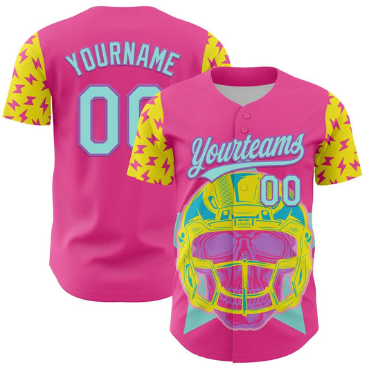 American Baseball Jersey, Custom Pink Ice Blue Medium Purple Light Yellow 3D Pattern Design Football Skull Helmet Authentic Baseball Jersey
