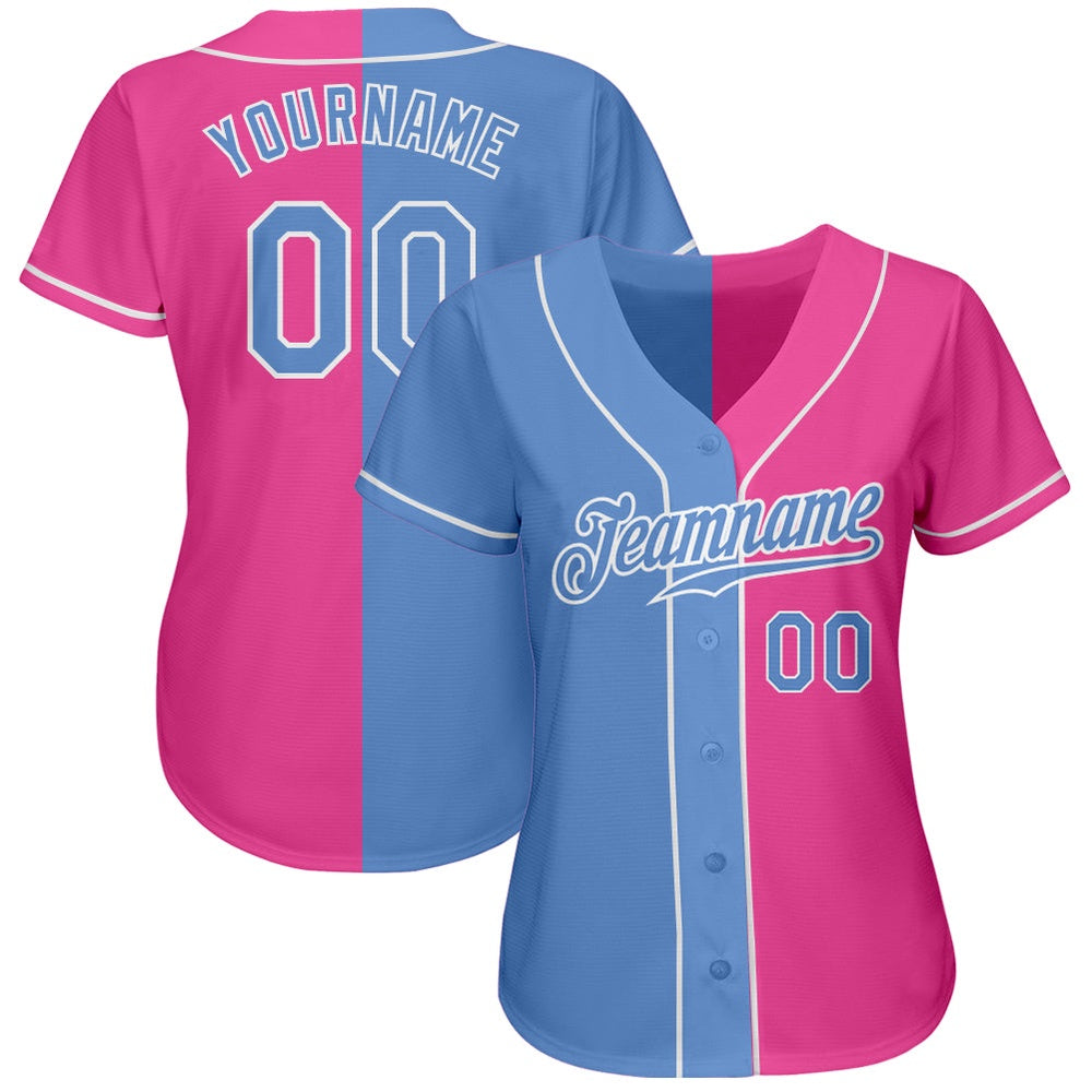 American Baseball Jersey, Custom Pink Light Blue White Authentic Split Fashion Baseball Jersey, Baseball Jersey Name