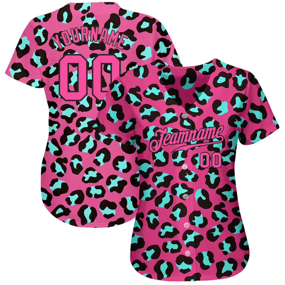 American Baseball Jersey, Custom Pink Pink Black 3D Pattern Design Leopard Authentic Baseball Jersey, Baseball Jersey Name