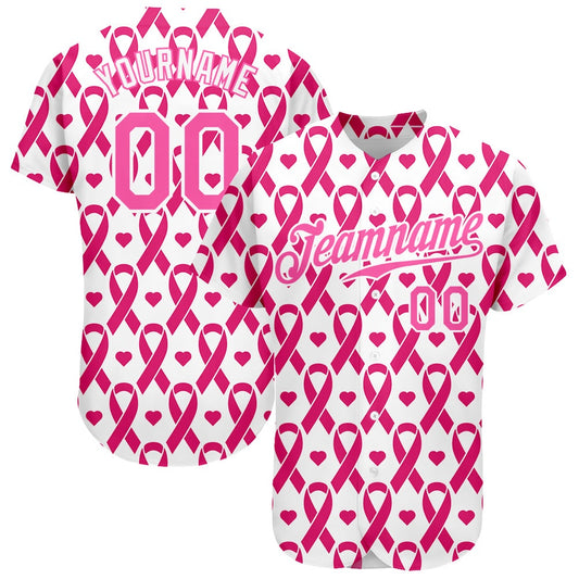American Baseball Jersey, Custom Pink Pink White 3D Pattern Design Breast Cancer Authentic Baseball Jersey, Baseball Jersey Name