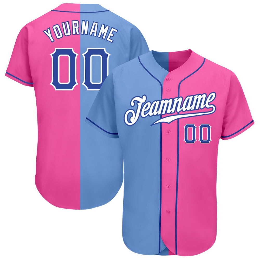 American Baseball Jersey, Custom Pink Royal Light Blue Authentic Split Fashion Baseball Jersey, Baseball Jersey Name