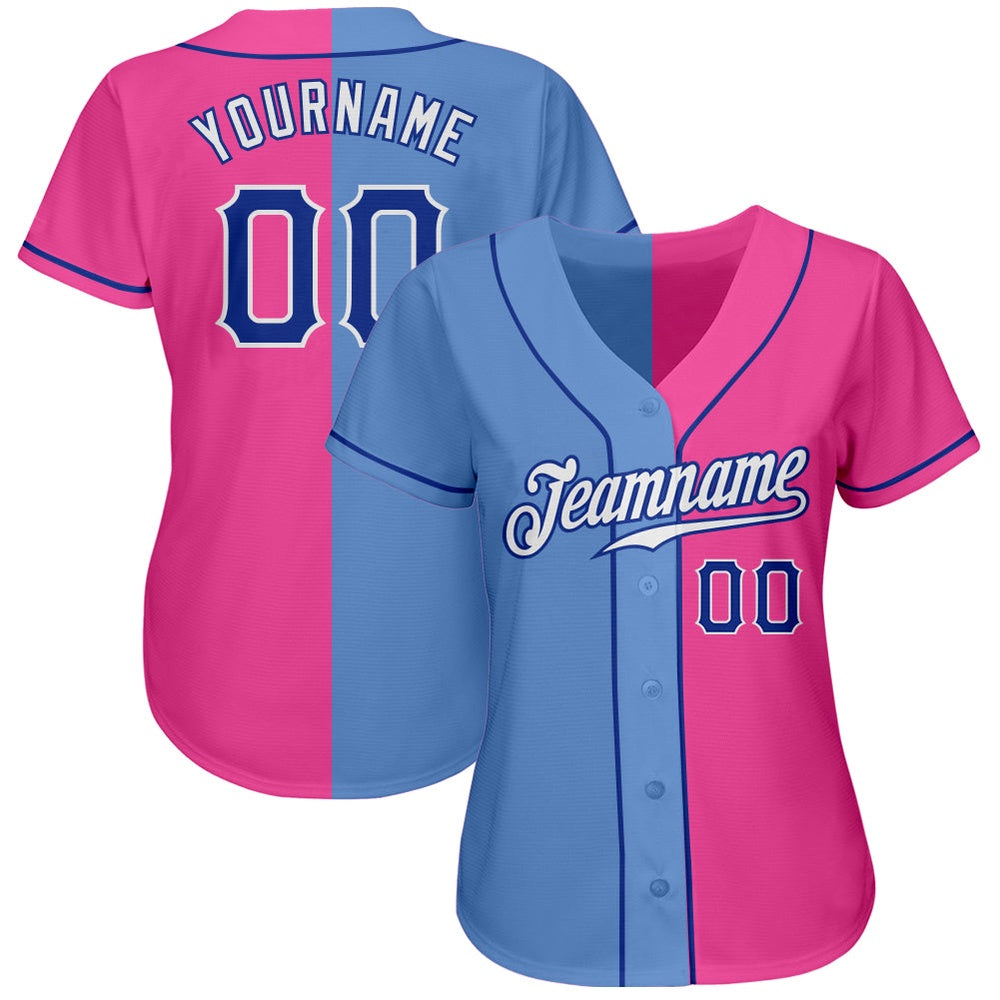 American Baseball Jersey, Custom Pink Royal Light Blue Authentic Split Fashion Baseball Jersey, Baseball Jersey Name
