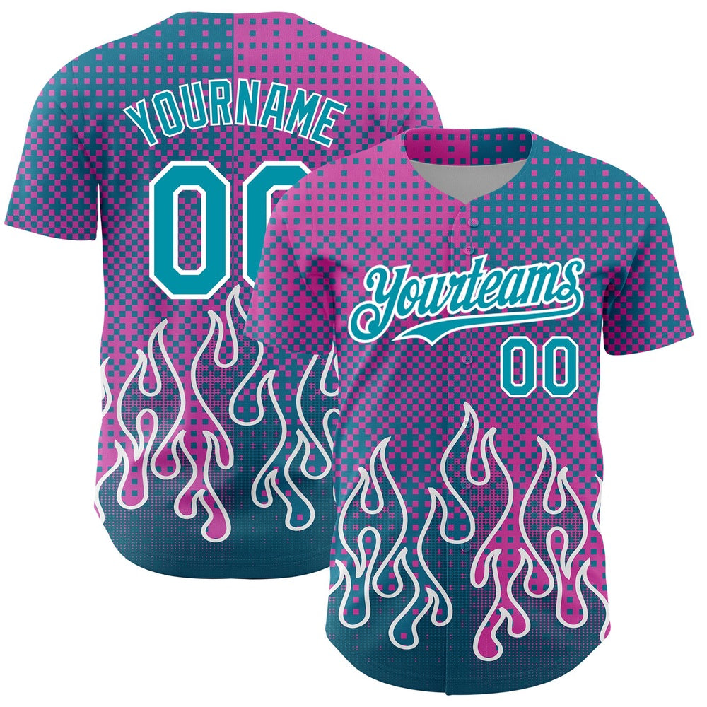 American Baseball Jersey, Custom Pink Teal White 3D Pattern Design Flame Authentic Baseball Jersey, Baseball Jersey Name