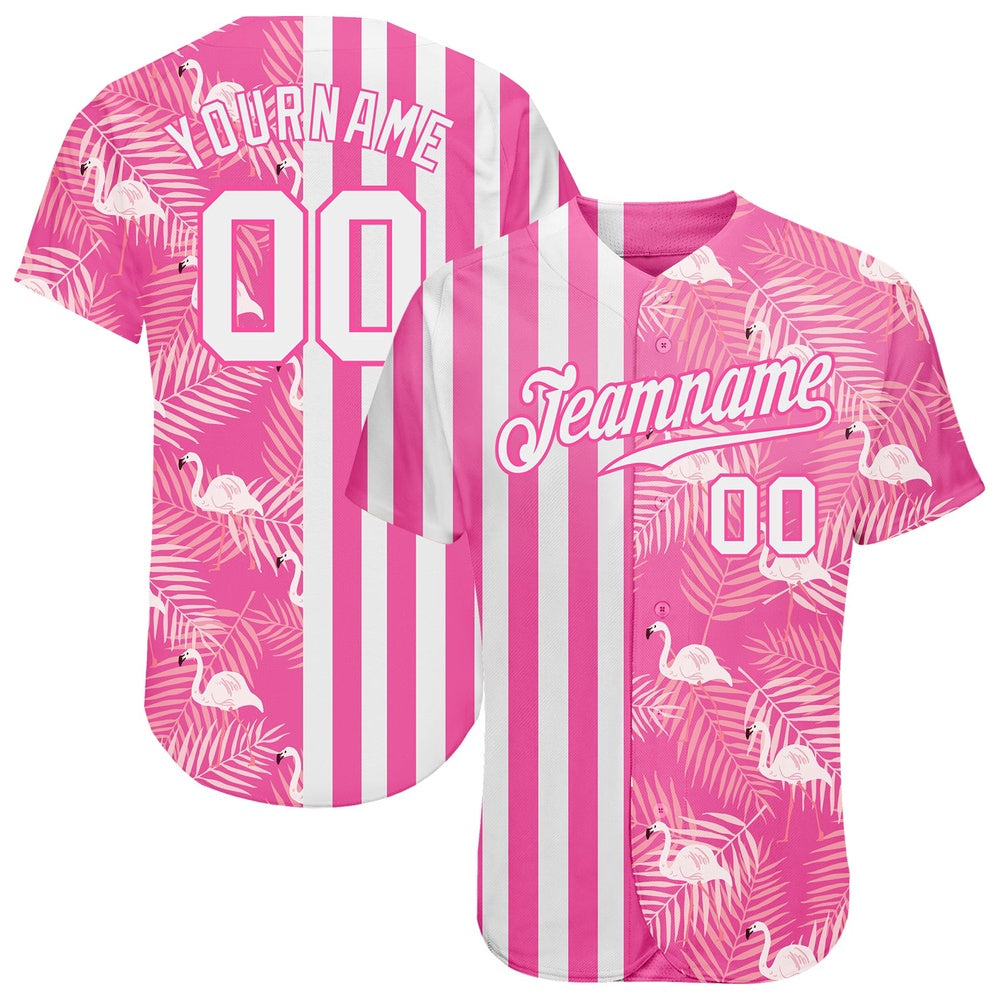 American Baseball Jersey, Custom Pink White 3D Pattern Design Tropical Palm Leaves And Famingo Authentic Baseball Jersey, Baseball Jersey Name