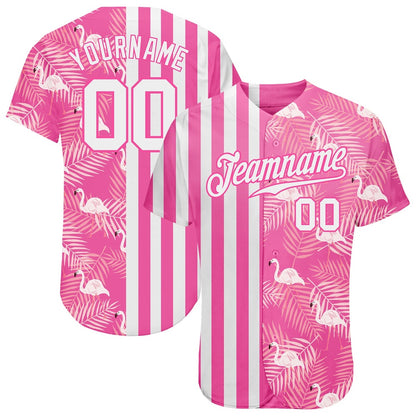 American Baseball Jersey, Custom Pink White 3D Pattern Design Tropical Palm Leaves And Famingo Authentic Baseball Jersey, Baseball Jersey Name